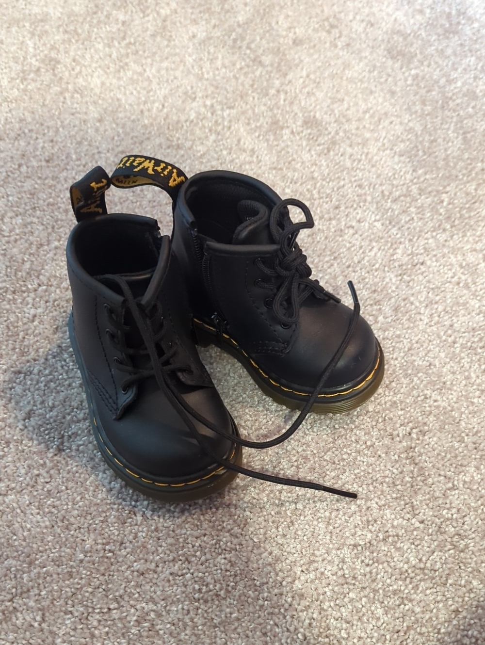 Dr. Martens Black Ankle Boots with Yellow Pull-Tab 4 Toddler